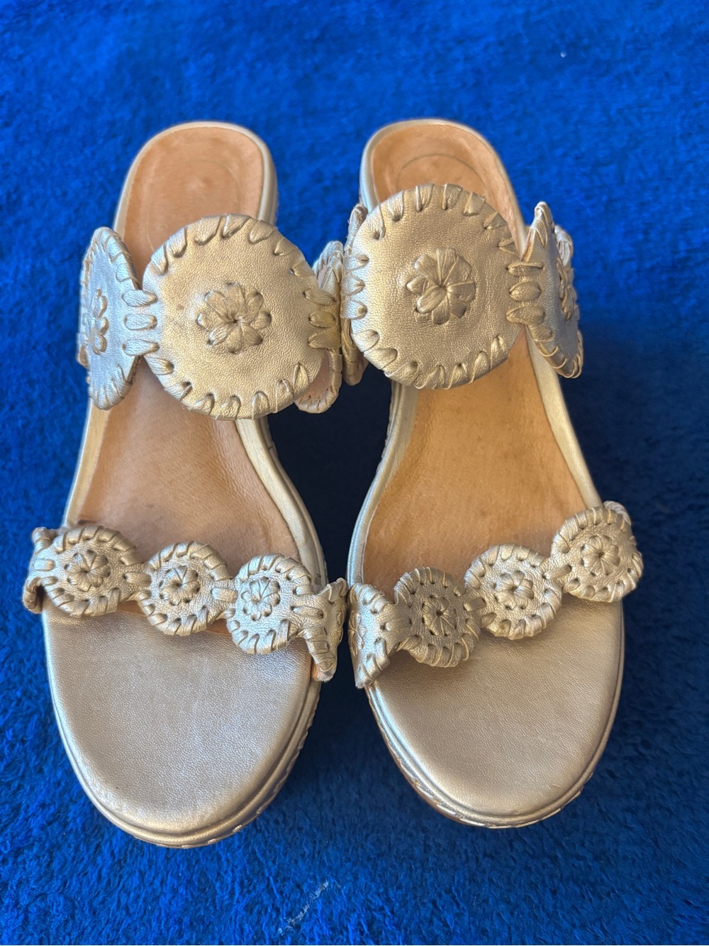 Jack Rogers Gold Leather Slide Wedges with Medallion Detailing